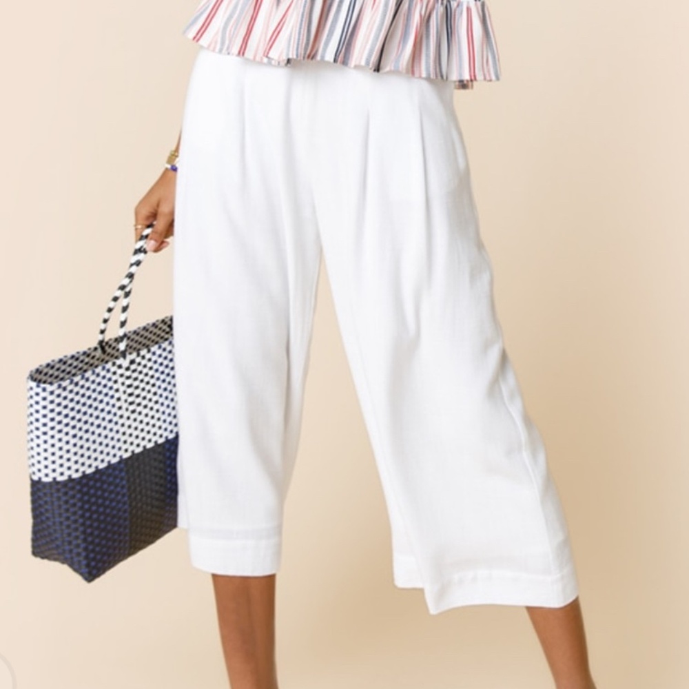 Francesca's Blue Rain Linen Cropped Culotte Pants White Sz M nwt